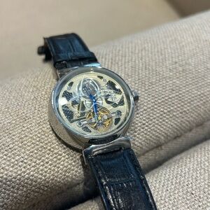 Men's Black Leather Strap Skeleton Watch